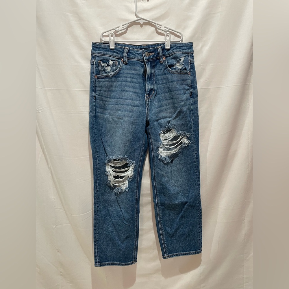 American Eagle Outfitters Dark Blue High Rise Ripped Mom Jeans